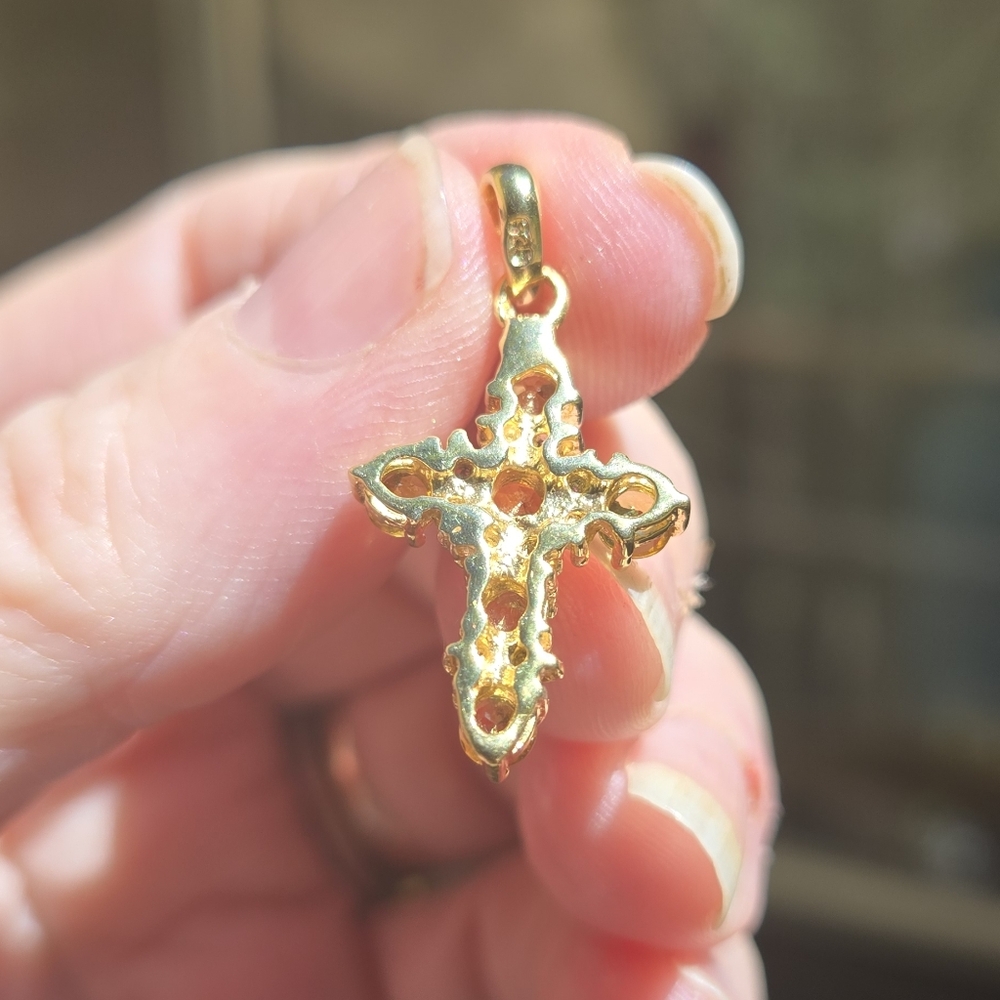 Tourmaline & Rhodolite Natural Sterling & Gold Cross Pendant Necklace 1" - Picture 10 of 10